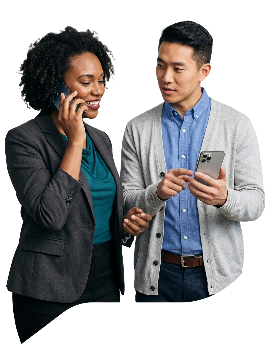 Two diverse professionals using Beesphone for a call and team collaboration